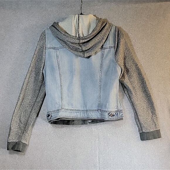 AMERICAN EAGLE OUTFITTERS Hooded Denim Jacket Sz Large Gray Knit Fabric Sleeves - Picture 4 of 8